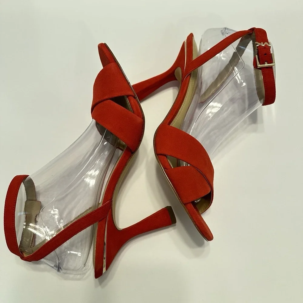 Michael Kors Cara Sandal Heels Suede Leather‎ Bright Red Women's Sz 9.5M Strappy